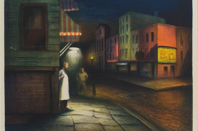 Closing Time by Ann Nooney - painting showing worker on sidewalk in apron